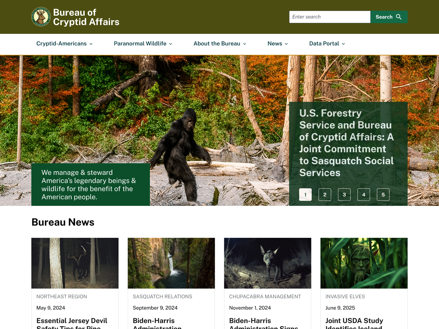 Home page for a the US Bureau of Cryptid Affairs