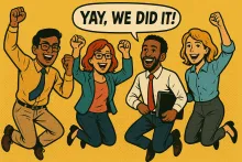 group of professionals jumping in the air shouting "Yay, we did it!"