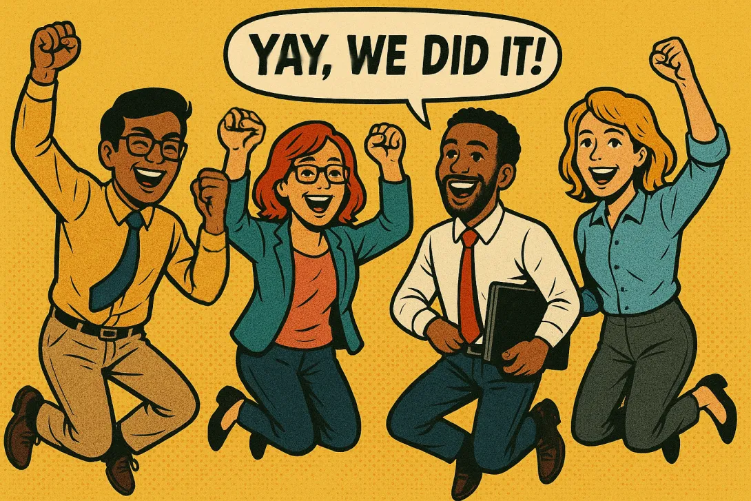 group of professionals jumping in the air shouting "Yay, we did it!"
